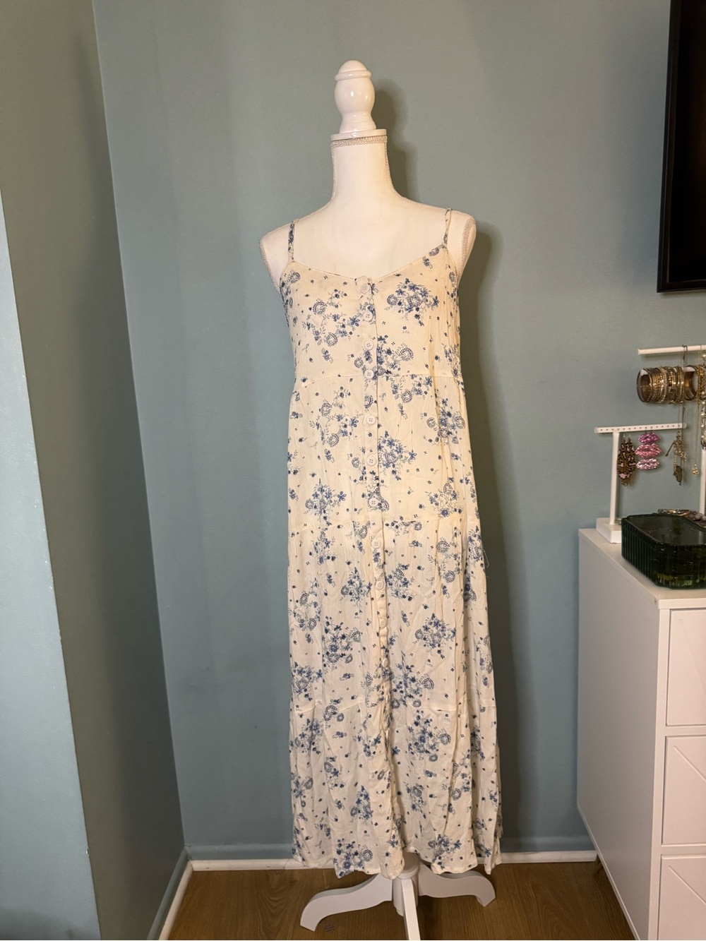 NWT Pink Rose Cream Maxi sundress Dress Blue Floral Print Large